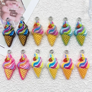 Detail of assorted colorful resin ice cream charms with strawberry tops and metal loops