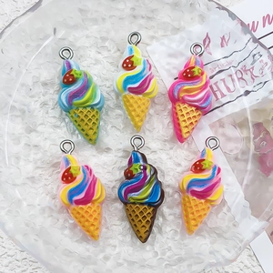 Detail view of 6 colorful resin ice cream cone pendants for DIY jewelry and crafts