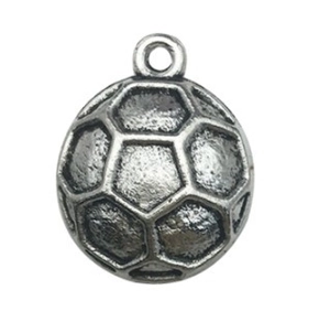 Detail shot of antique silver soccer ball pendant charm with realistic textured surface
