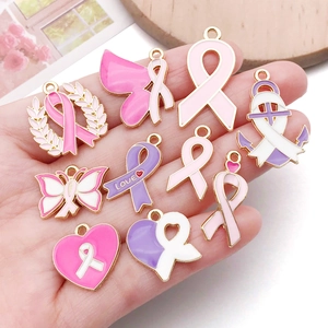 Pink and purple enamel pink ribbon charms for bracelets with heart and butterfly motifs