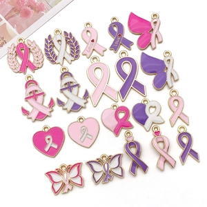 Pink and purple enamel awareness ribbon charms with gold trim for DIY jewelry making