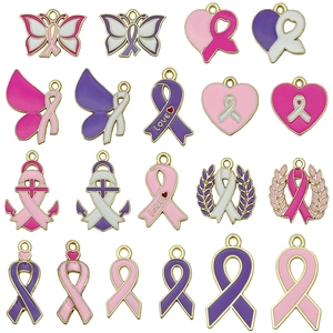 20pcs pink and purple awareness ribbon charms set in gold alloy for DIY jewelry