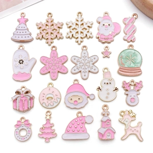 DIY Christmas Charms For Jewelry Making Alloy Enamel Santa Snowflakes Reindeer Trees Pink White Bracelet Necklace Pendants Accessory
