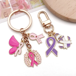 Pink ribbon butterfly enamel charms with rose gold keychain for DIY jewelry making