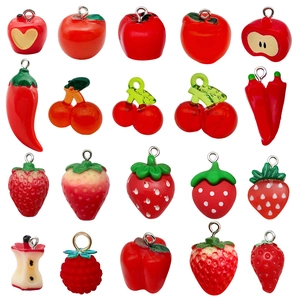 DIY fruit resin pendants set including 3D strawberries, apples, and cherries with silver rings