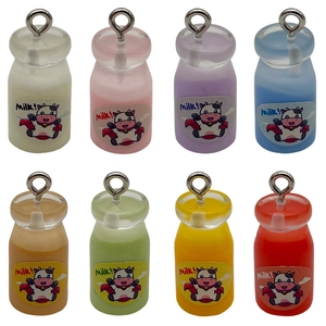 Set of eight colorful mini resin milk bottle charms with cow stickers and metal hooks