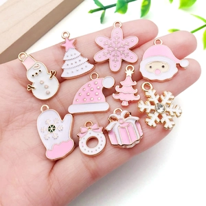 Pink and white Christmas enamel charms set with Santa, snowmen and snowflakes for DIY jewelry