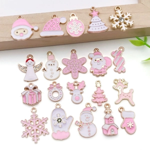 Pink and white Christmas alloy charms set with Santa and snowflake for DIY jewelry making