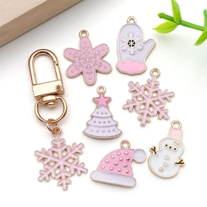 Pink and white Christmas enamel charms set including snowflakes and snowman for DIY jewelry
