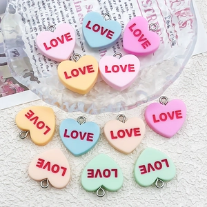 Colorful resin heart pendants with LOVE engraving for DIY jewelry and phone charms