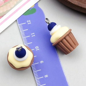 Miniature resin cupcake charms in brown and yellow with blue bead detail, 1.5cm size