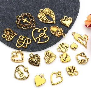 Antique gold heart pendants and angel wings DIY jewelry charms set in assorted styles