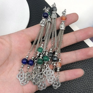 Ethnic style alloy silver tassel necklaces with semi-precious stone beads and Celtic knot pendants