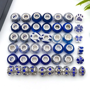 Blue resin glass large hole beads set for DIY charm bracelets with enamel accents