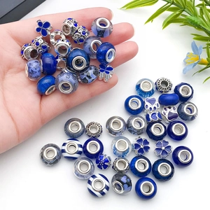 Deep blue resin charms and silver plated large hole beads for DIY bracelet sets