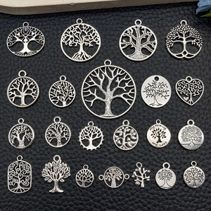 Set de dijes de Árbol de la Vida en plata antigua para creación de joyas artesanales