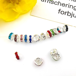 Various 6mm and 8mm colorful rhinestone spacer beads with silver-plated metal rondelle base