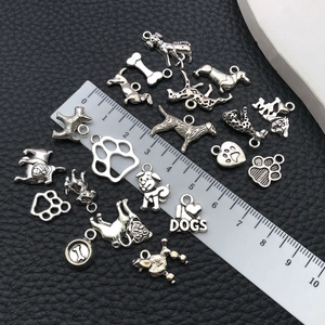 Antique silver dog charms set with paw prints and I Love Dogs heart pendants