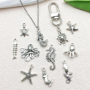 Tibetan silver ocean charms set featuring seahorse and turtle pendants for DIY jewelry