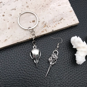 Gothic bird skull pendant and earring set with antique silver finish on leather