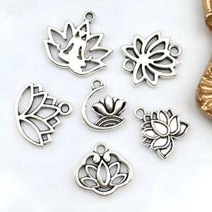 Lot de 6 pendentifs yoga lotus en argent avec design ajouré pour la création de bijoux
