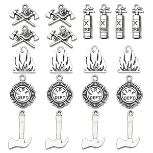 Retro Ancient Silver Firefighter Theme Alloy Charms Fire Extinguisher Axe Flame Badge Pendants For DIY Jewelry Making