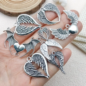 Antique silver punk heart wing charms for DIY jewelry making handmade necklaces