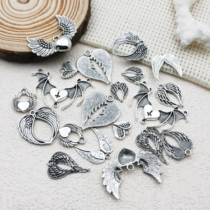 Vintage silver alloy heart and wing pendants for DIY jewelry making accessories set