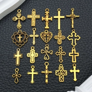 Set of 20 unique vintage golden alloy cross charms for DIY jewelry and pendants