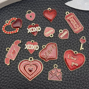 DIY Valentine red and pink enamel heart charms with gold plating for jewelry making
