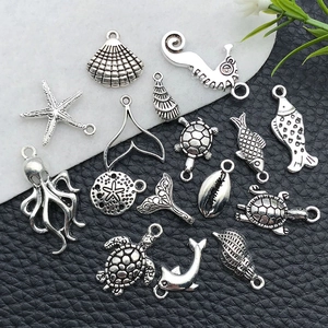 Antique silver ocean charms collection featuring seahorses and starfish for DIY jewelry