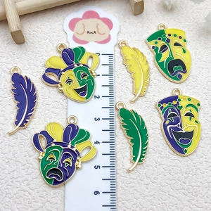 Carnival mask and feather enamel alloy charms set for DIY jewelry making in purple and green