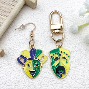 Colorful Mardi Gras comedy tragedy masks charm set with yellow purple green enamel finish