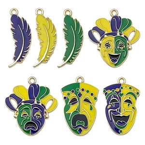 Set of 7 Mardi Gras enamel charms featuring colorful feathers and joker mask pendants