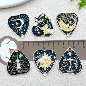 Set of 6 tarot heart charms with sun and moon enamel designs for DIY jewelry making