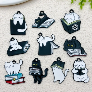 Cute Cartoon Black White Reading Cat Enamel Pendants Zinc Alloy DIY Jewelry Accessories For Necklace Bracelet Keychain Making