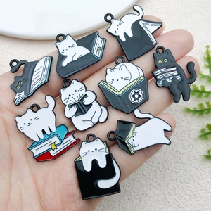 Cartoon enamel cat and book charms set for DIY jewelry making necklaces and earrings