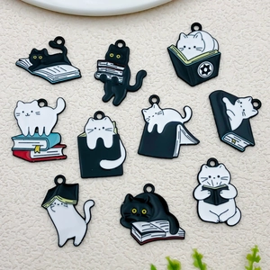 Set of 10 cat reading book alloy charms for DIY necklace and earring jewelry accessories