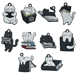Cartoon black and white cats reading books DIY pendants for necklaces and keychains set