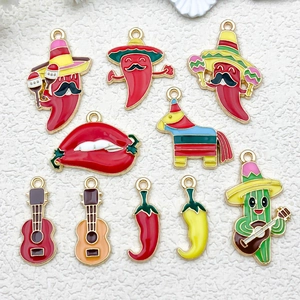 Mexican Style Enamel Zinc Alloy Pendants Charms For DIY Jewelry Making Chili Cactus Guitar Piñata Accessories 10 Pieces Set