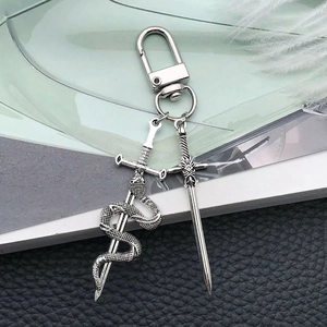Vintage silver sword keychain with snake element and lobster clasp for DIY jewelry