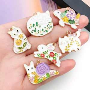 Set of 6 DIY cartoon animal enamel pendants including fox and cat with floral details