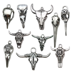 Set of 10 vintage silver bull and bird skull alloy pendants for DIY jewelry making