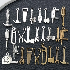Vintage Alloy Mini Tool Charms For Jewelry Making DIY Antique Silver Bronze Hammer Wrench Saw Axe Pendants Keychain Accessories