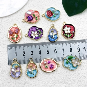 Monet style floral oil painting pendants with pearls for DIY jewelry making