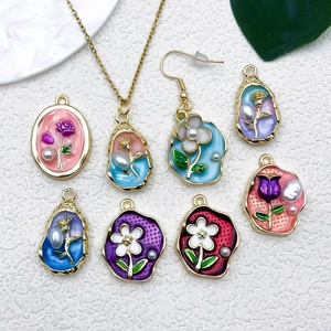 French vintage oil painting flower charms and pearl jewelry accessories for DIY making