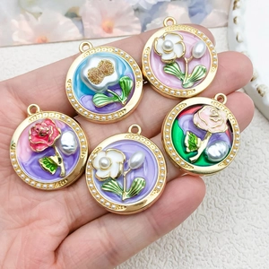 Vintage French DIY enamel flower pendants set with roses and lilies for jewelry making