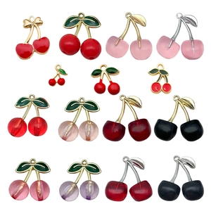 Assorted colorful resin cherry charms with metal leaves for DIY jewelry and accessories