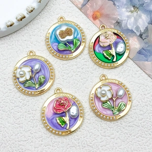 Vintage French Enamel Flower Pendant Alloy Oil Dripping DIY Jewelry Accessories For Necklace Earrings Making Women Gift