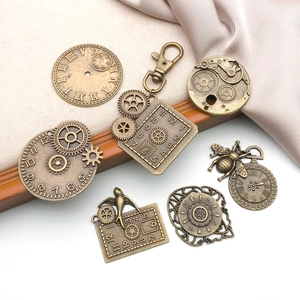 Set of 7 vintage bronze steampunk pendants featuring mechanical gears and clock faces